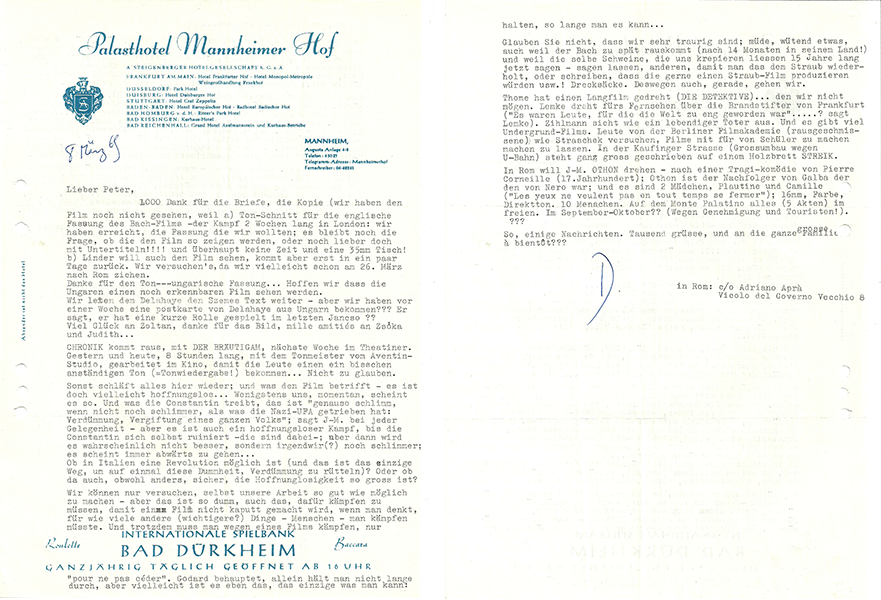 (1) & (2) Danièle Huillet, letter to Peter Nestler March 8, 1969
