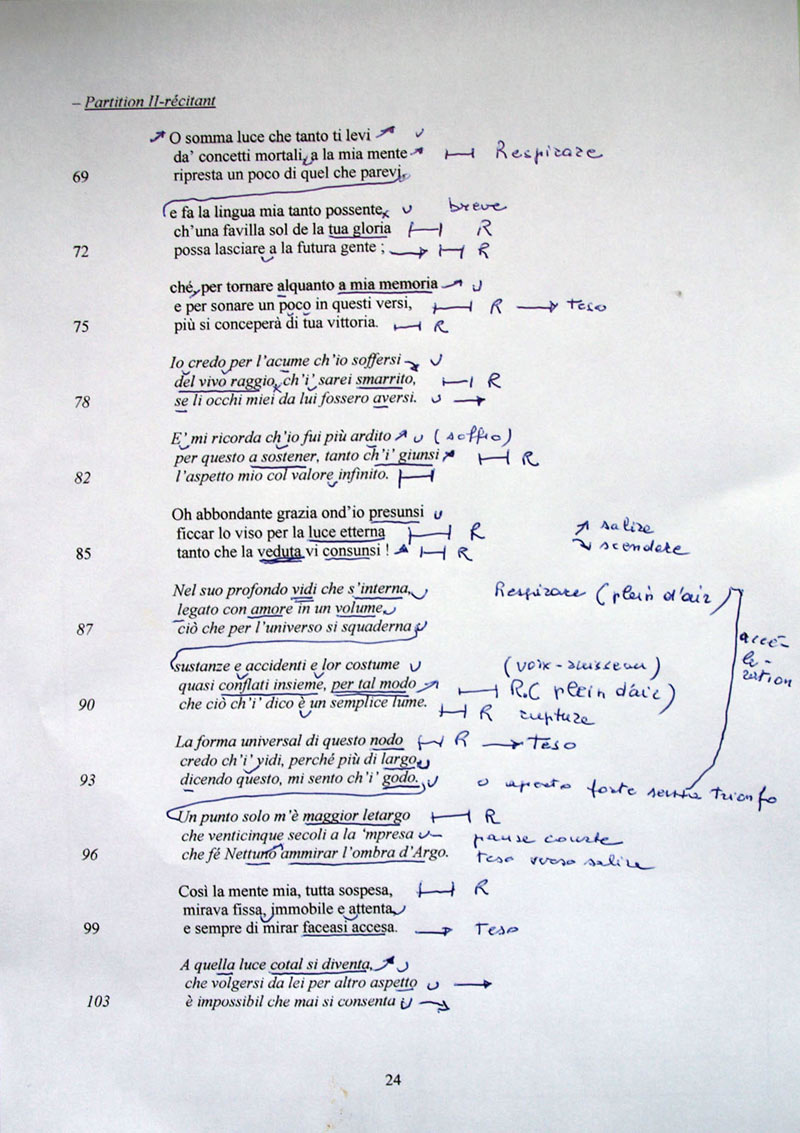 (9) Giorgio Passerone, annotated script of O somma luce (© Giorgio Passerone, by permission).
